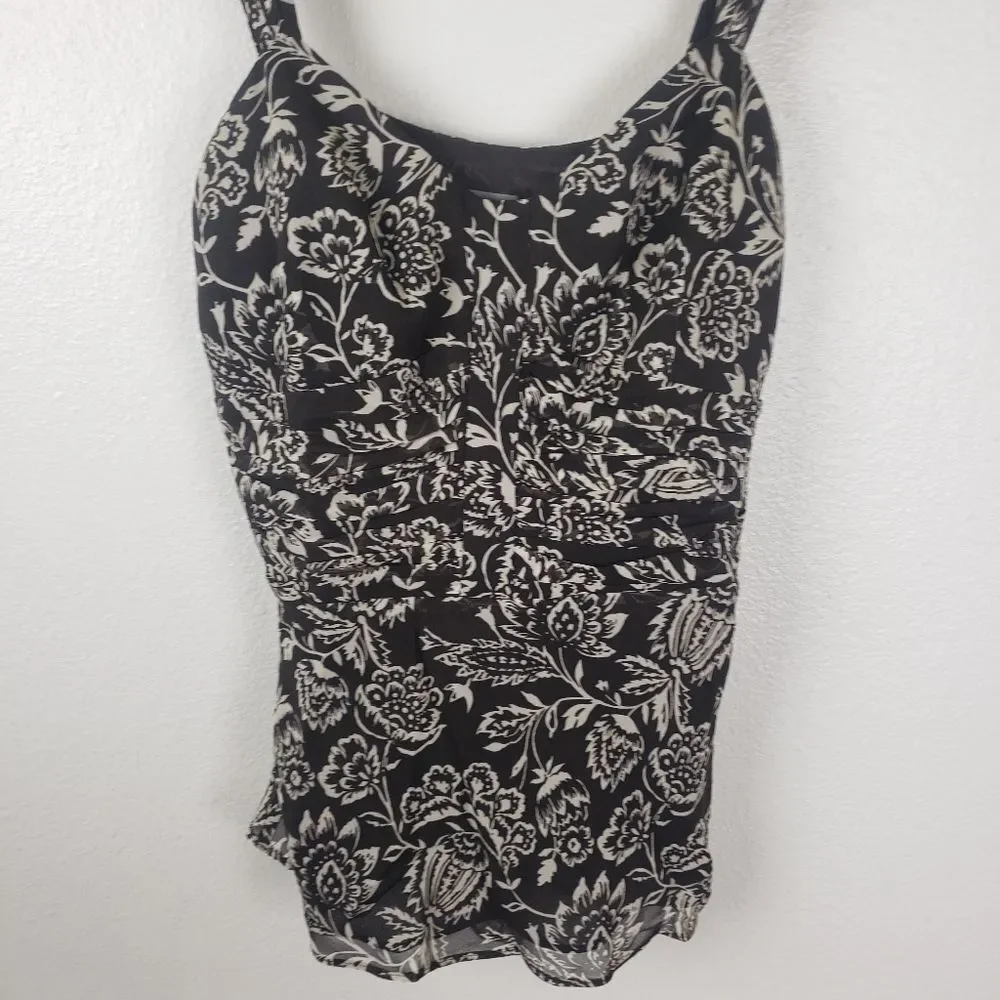Women's Ann Taylor Brown Chiffon Floral Ruched Business Casual Attire Size 02 - Picture 10 of 11